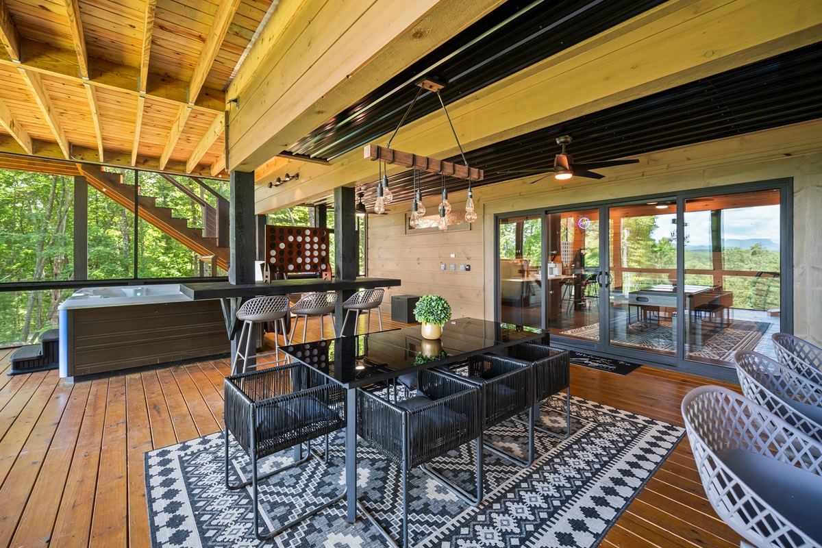 An elegant outdoor dining space perfect for sharing meals and making memories. Dinner tastes better with this backdrop.