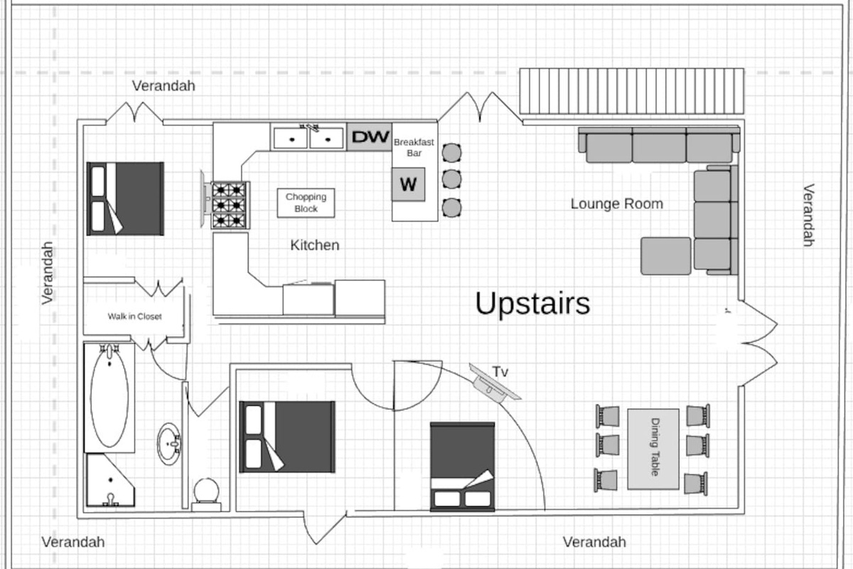 The upper-level plan highlights the generous shared living zone at Aaron's Beachside Boat House, connecting the kitchen, lounge and dining areas within one floor.