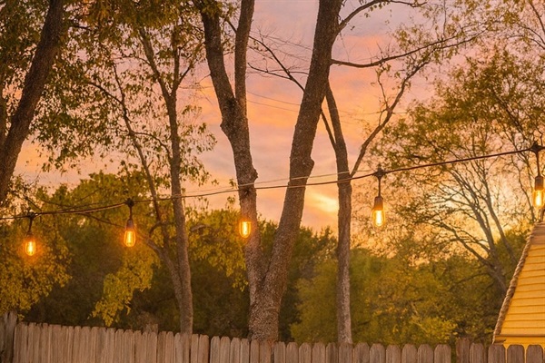 spacious back yard connects to the kitchen: hammock, covered patio with chairs, fire place.