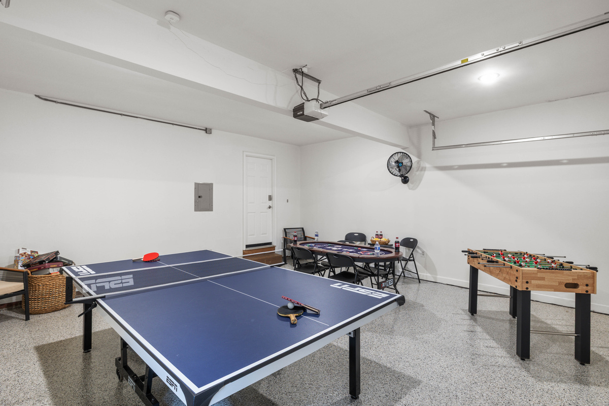 Game Room in Garage:  Ping Pong table, Poker table, & Foosball table