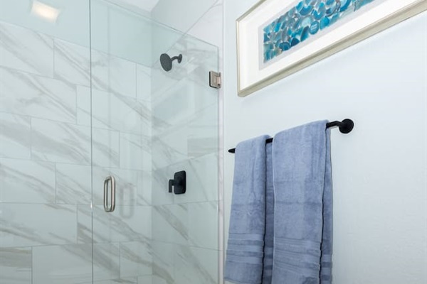 Primary bathroom shower and toilet seperate from sink and dressing area.