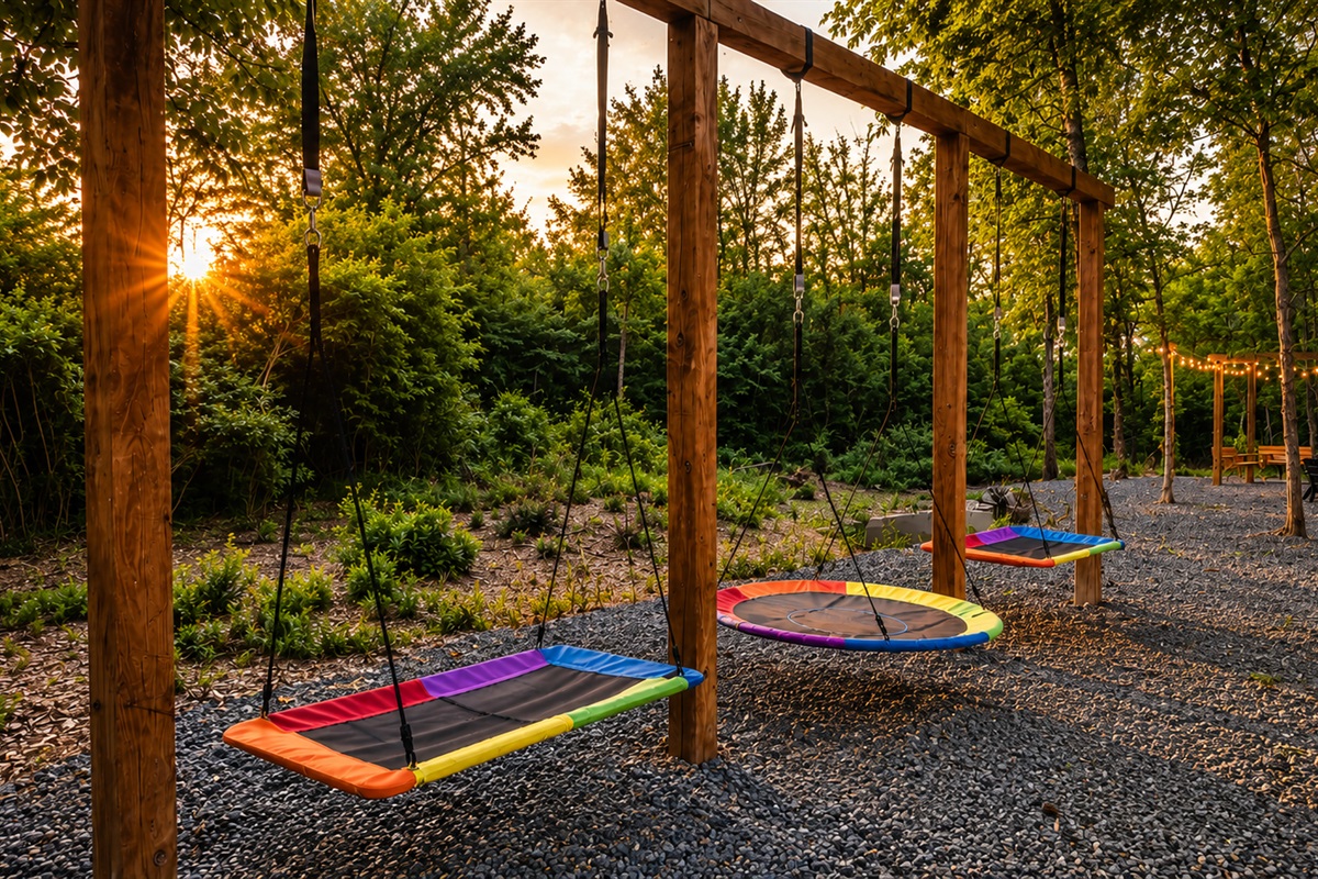 Outdoor Fun: Swing into relaxation among nature with vibrant swings and scenic sunset views!