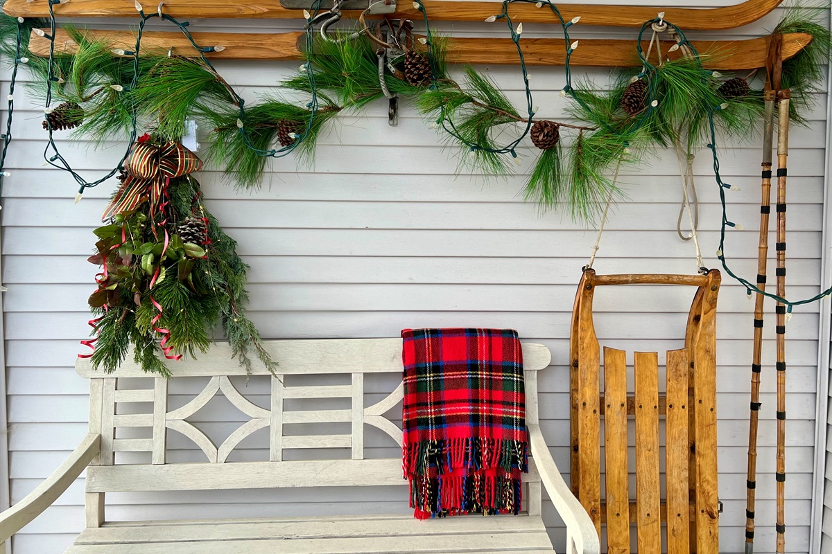 Festive decor and bench by jacuzzi