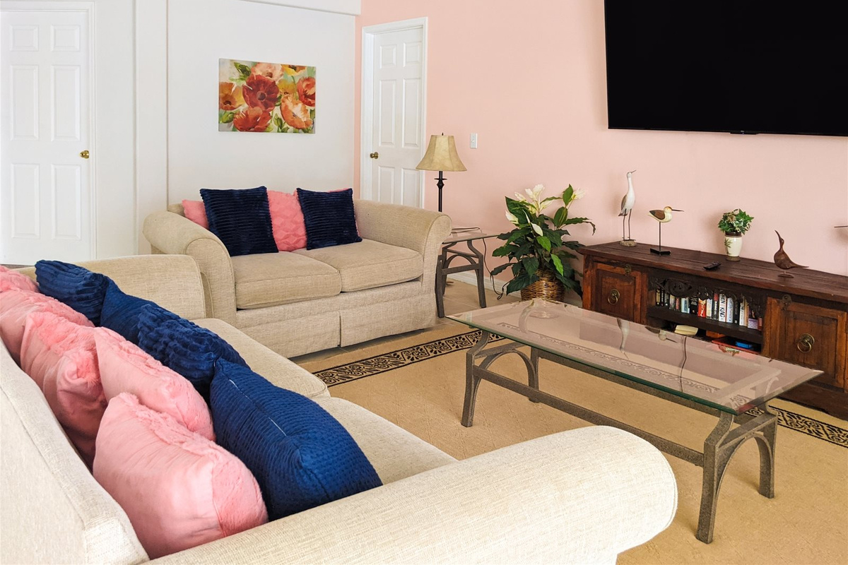 Large screen TV with expanded cable and music system.