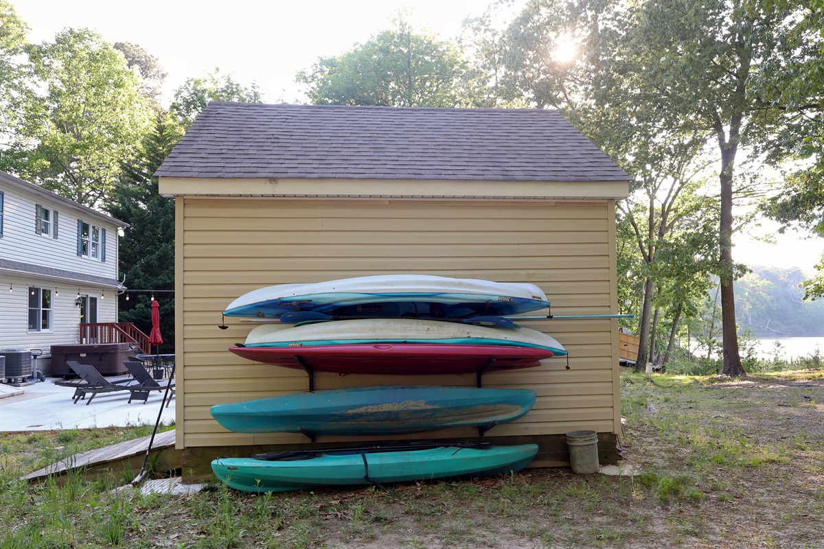 Kayaks for guest use. We suggest launching from the marina