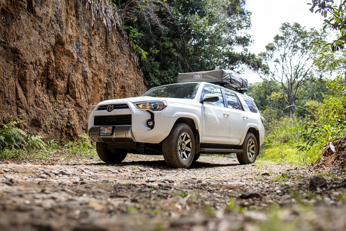 White Toyota 4Runner rooftop camper rental on Kauai