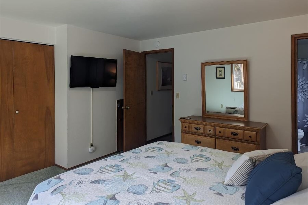 queen bedroom with TV