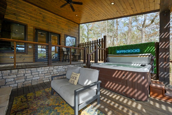 Soak your cares away in the private jetted hot tub overlooking the peaceful pond.