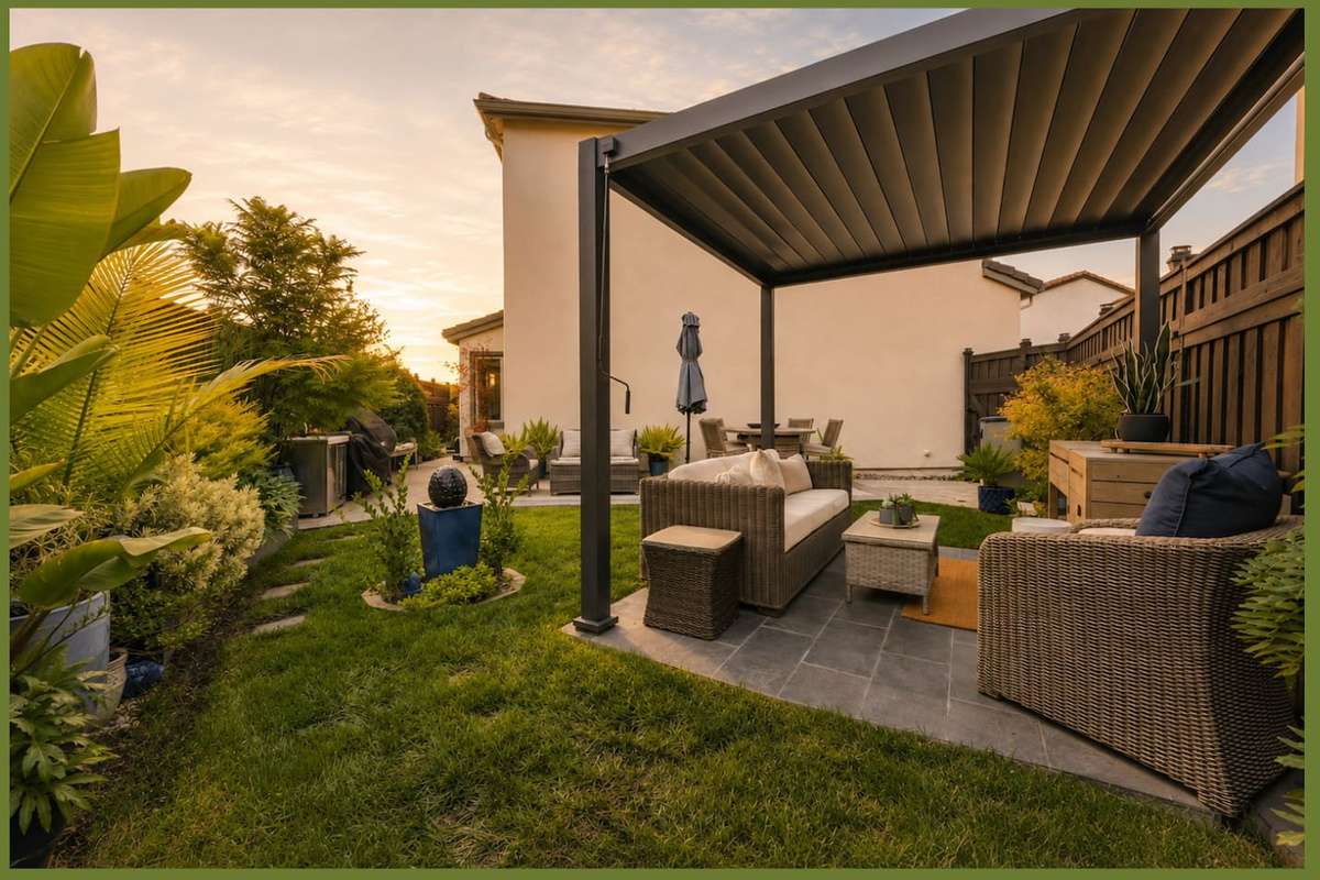Covered backyard lounge with cushioned seating, sunset light, garden landscaping, and a quiet spot to relax outdoors.