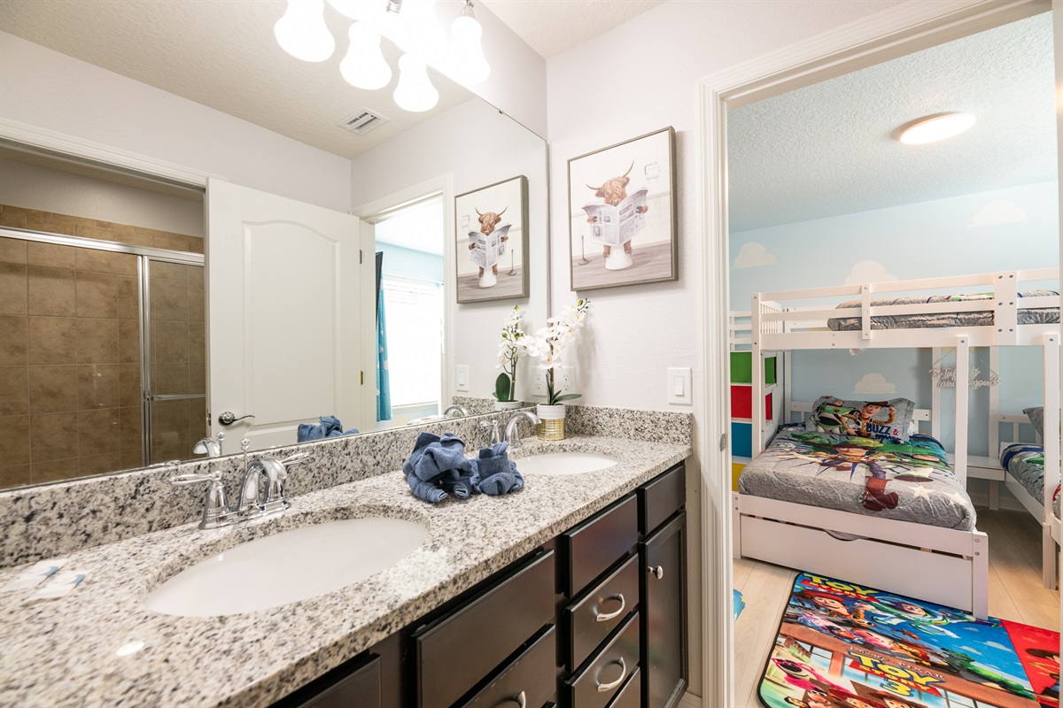 Mickey Mouse King room shares a bathroom with the Toy Story room.
