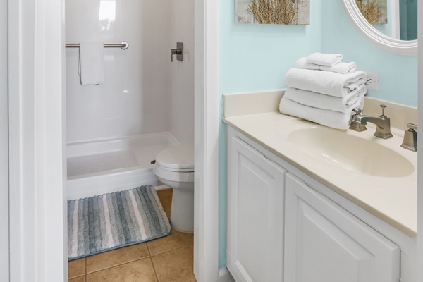 Ensuite in Primary. A clean, modern walk-in shower with integrated safety bars for peace of mind.