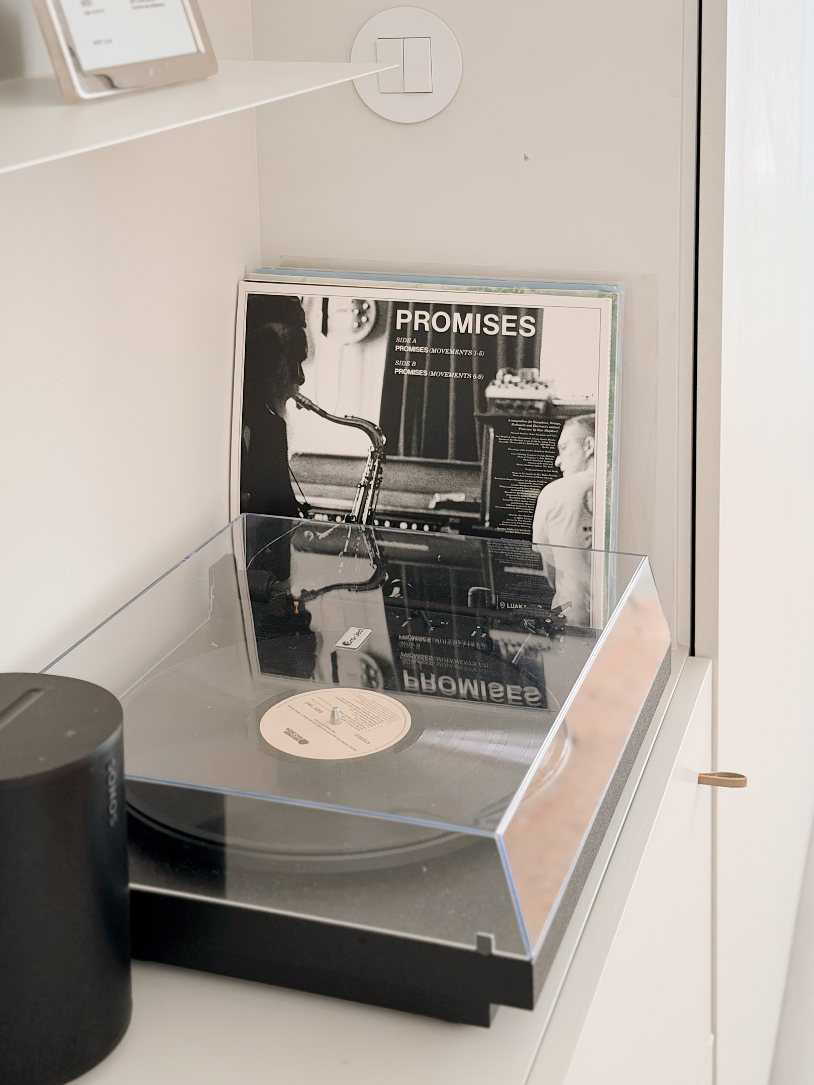 Record player connected to Sonos in the living room.