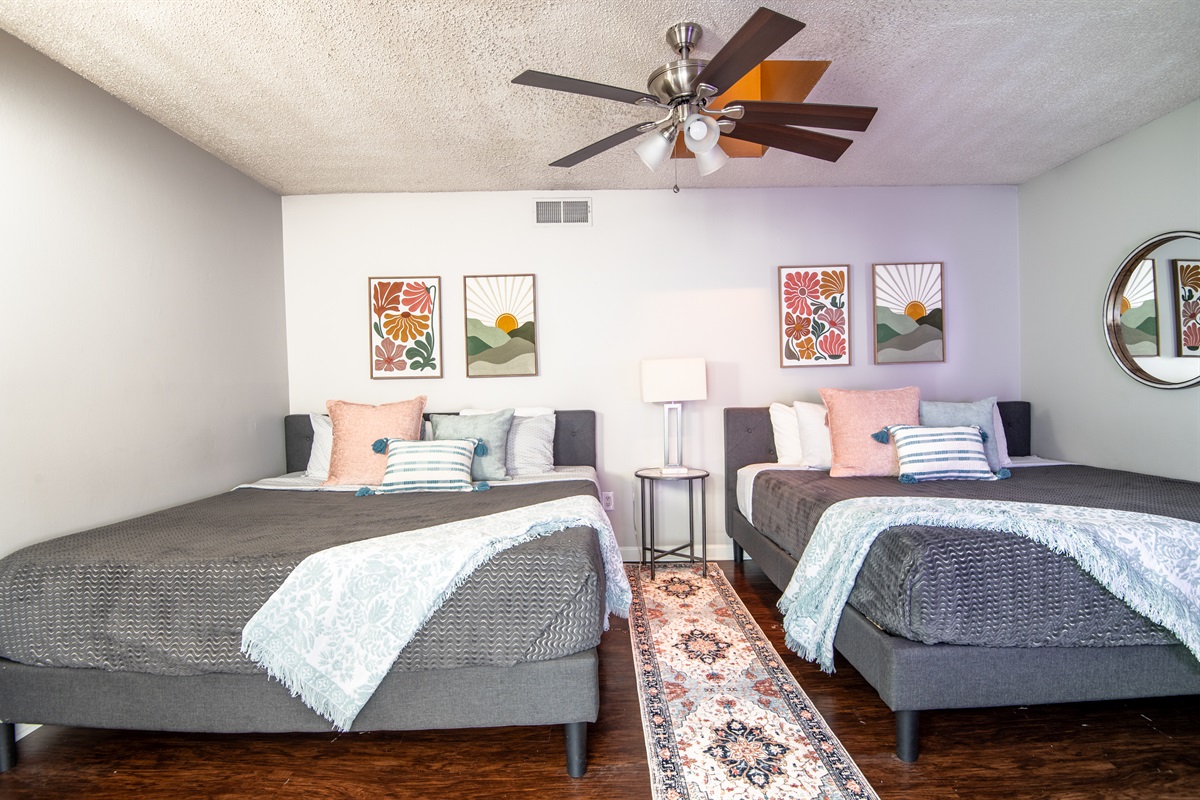 This double KING suite comes complete with a stocked bathroom with all the essentials you might need, and it holds a smart TV with all your favorite streaming channels for your much-awaited movie marathon nights!