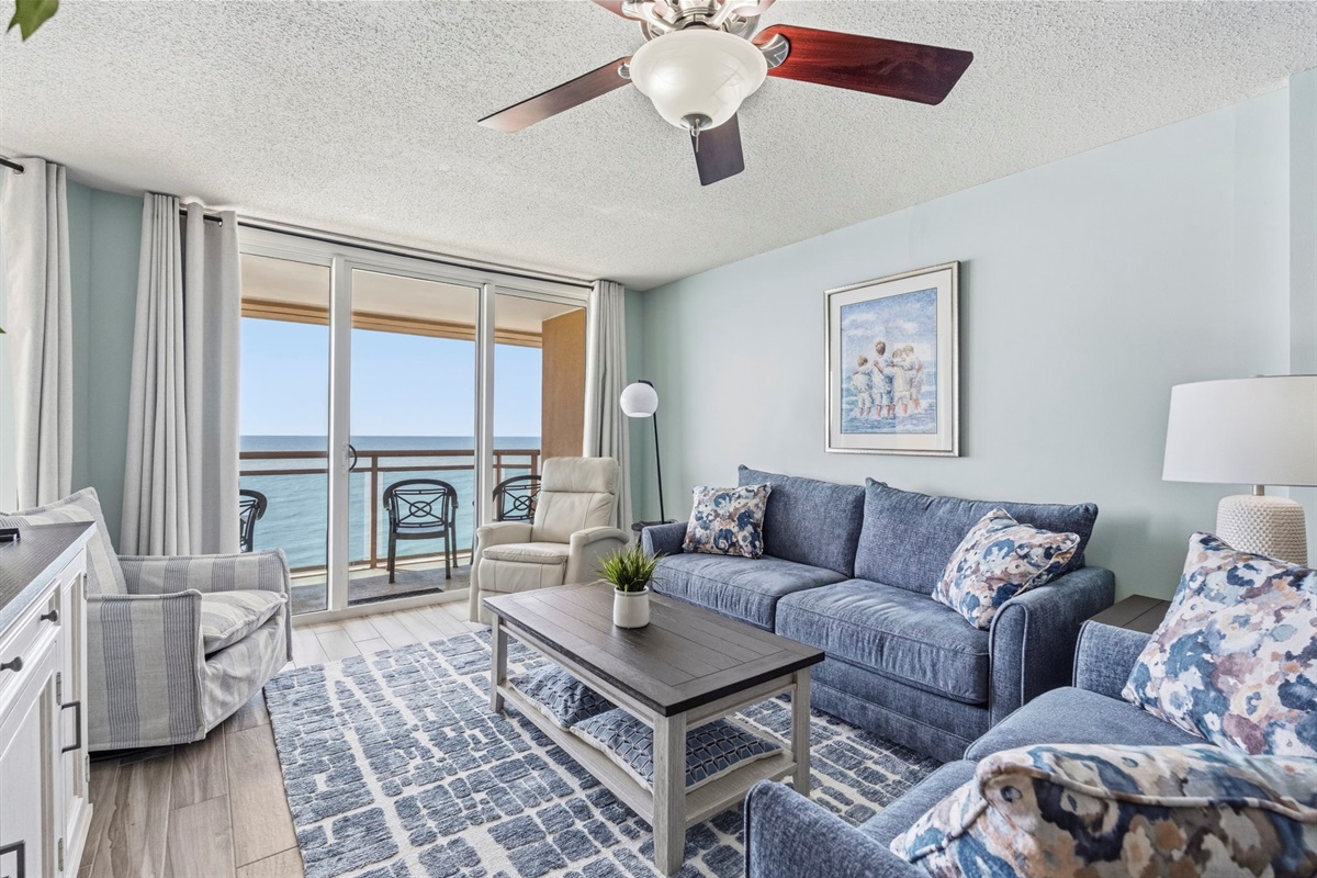 Gorgeous Living Room with beautiful oceanview, all new furniture, Samsung Smart TV and blackout curtains