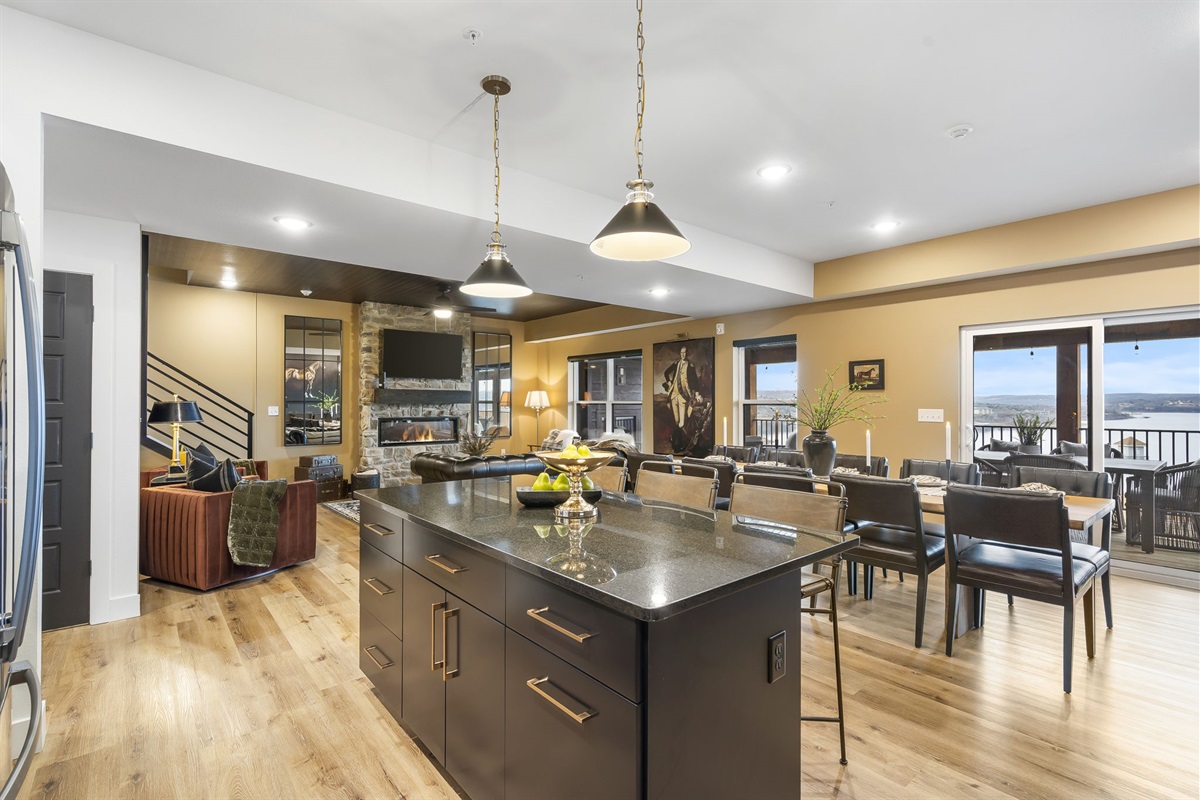 Open kitchen, dining, and living area