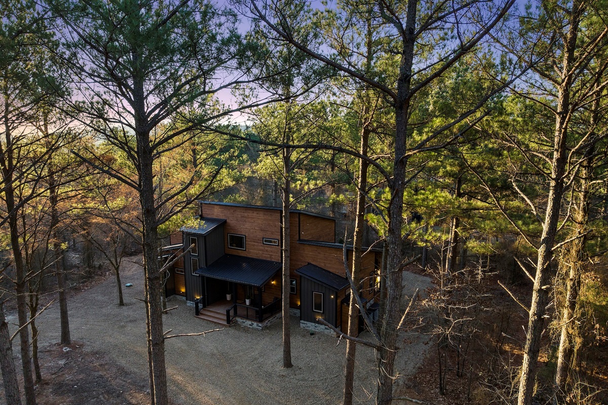 Modern cabin retreat tucked among towering pines for ultimate privacy and tranquility.