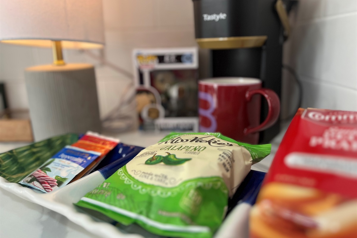 Grab a snack, coffee and tea and make yourself at our beverage and snacks center