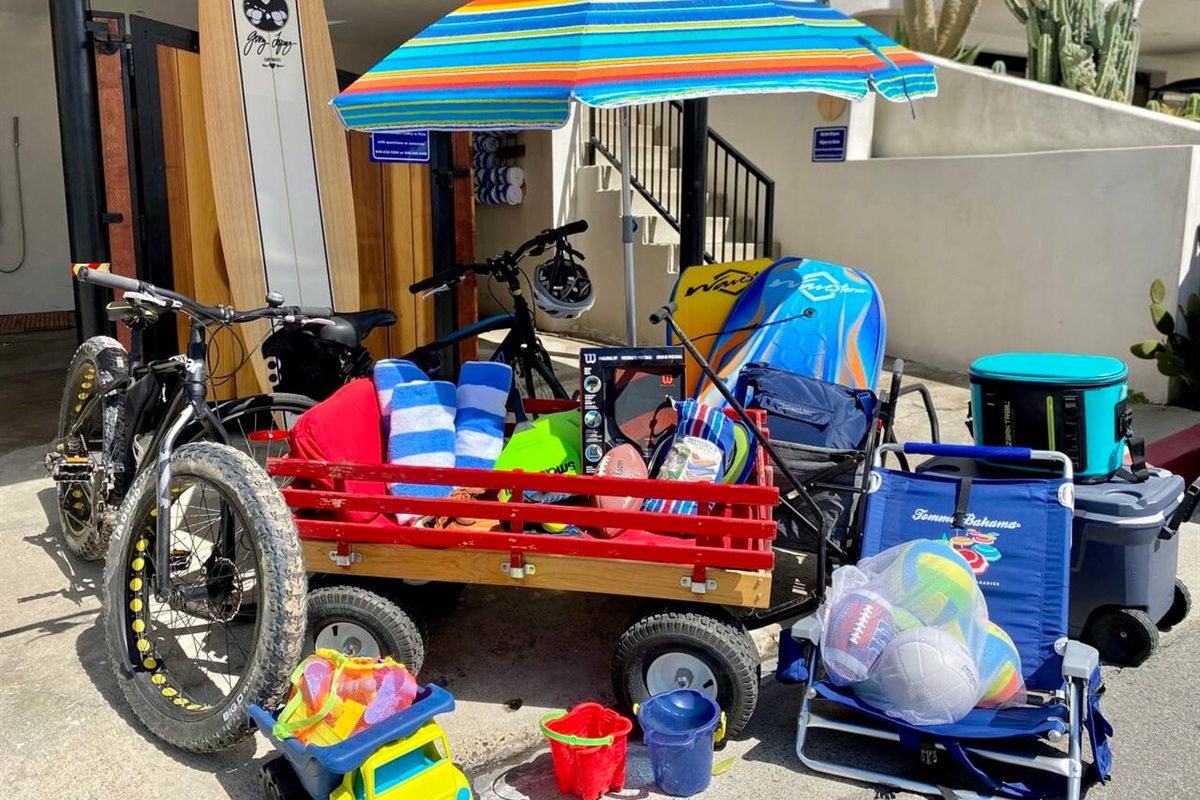 Free bikes (fat and regular)!  We provide everything you need to enjoy San Clemente at no charge: Bikes and helmets, Boogie Boards, Beach Chairs, Beach Towels, Umbrella, a wagon, a cooler, beach paddleball, and even yoga mats.