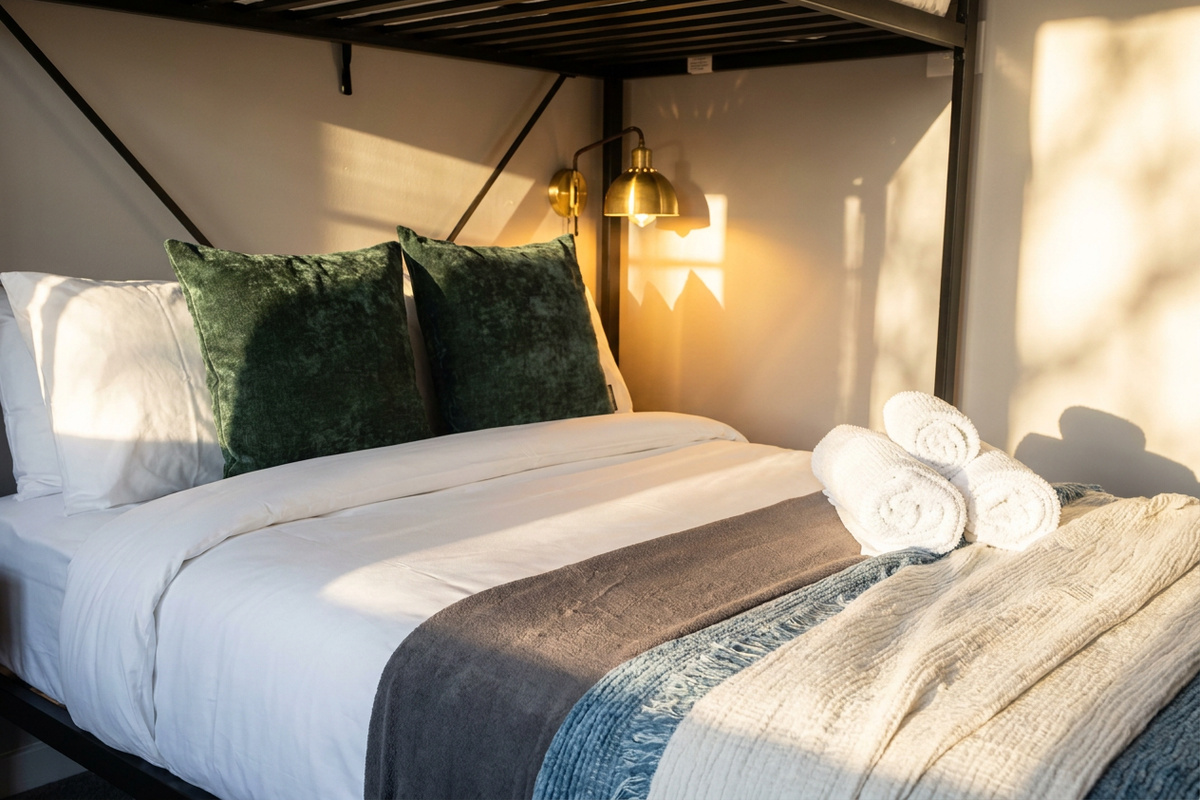Queen bed with comfortable Dreamcloud mattress for a great nights sleep.