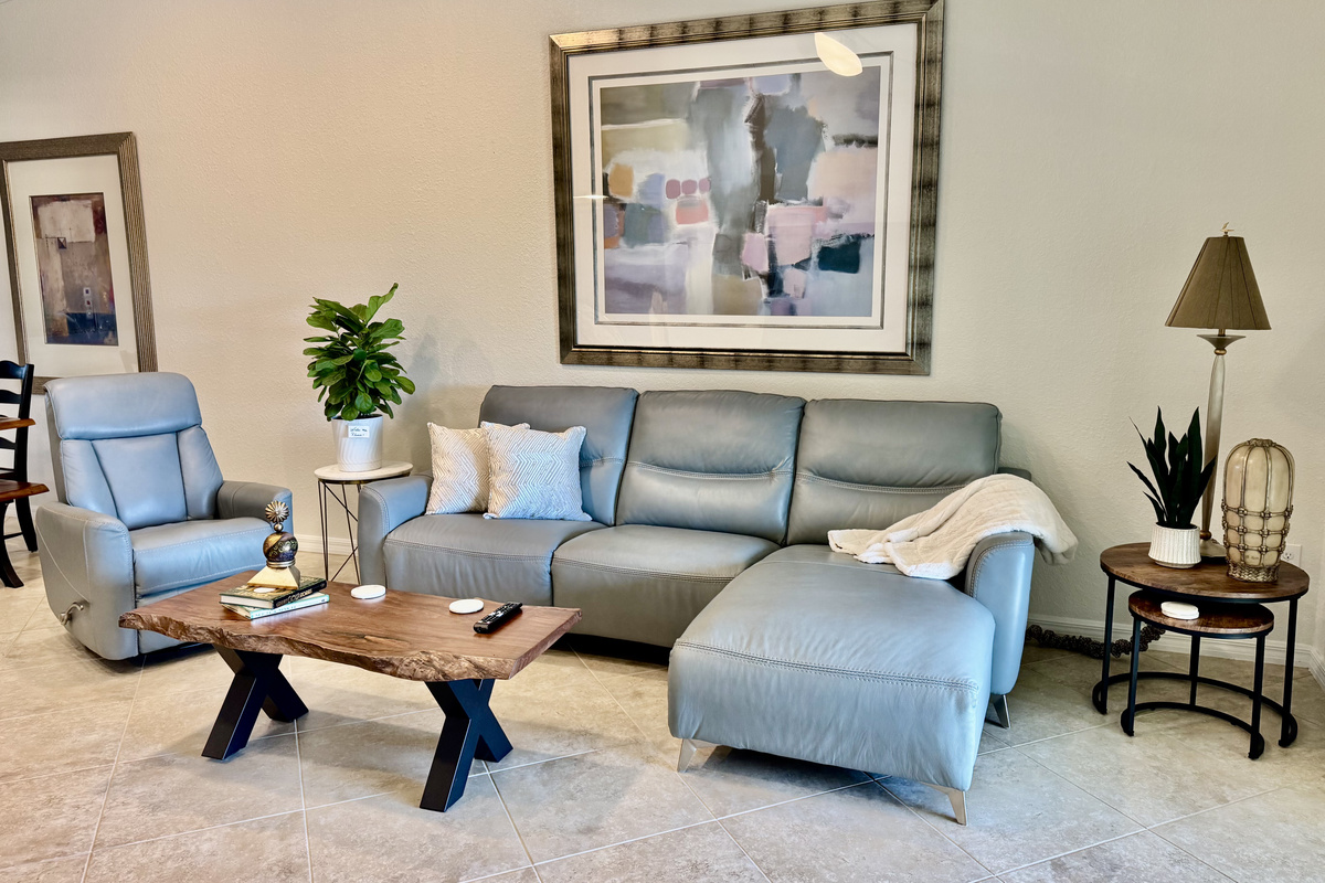 Fresh living room—new furniture, good light, stays clean.