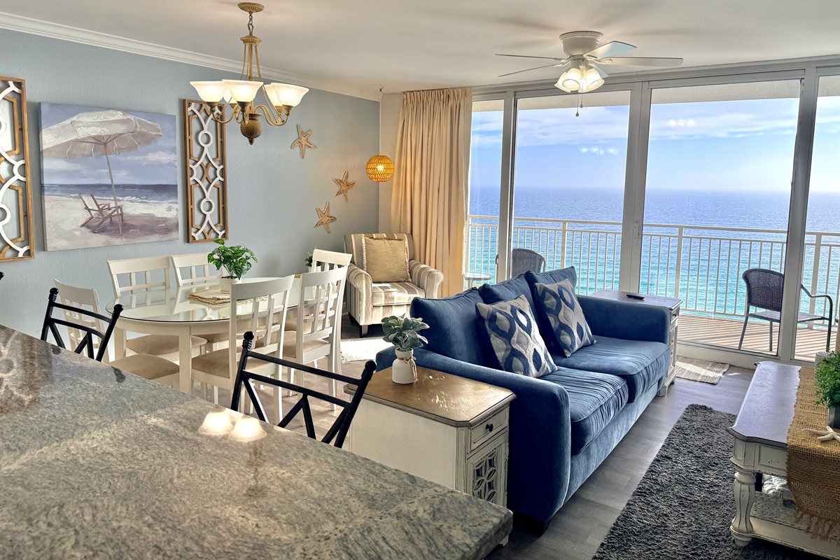 Open-Concept Living Room With New 2025 Queen Sleeper Sofa - perfect for families or couples seeking peaceful beachfront comforts