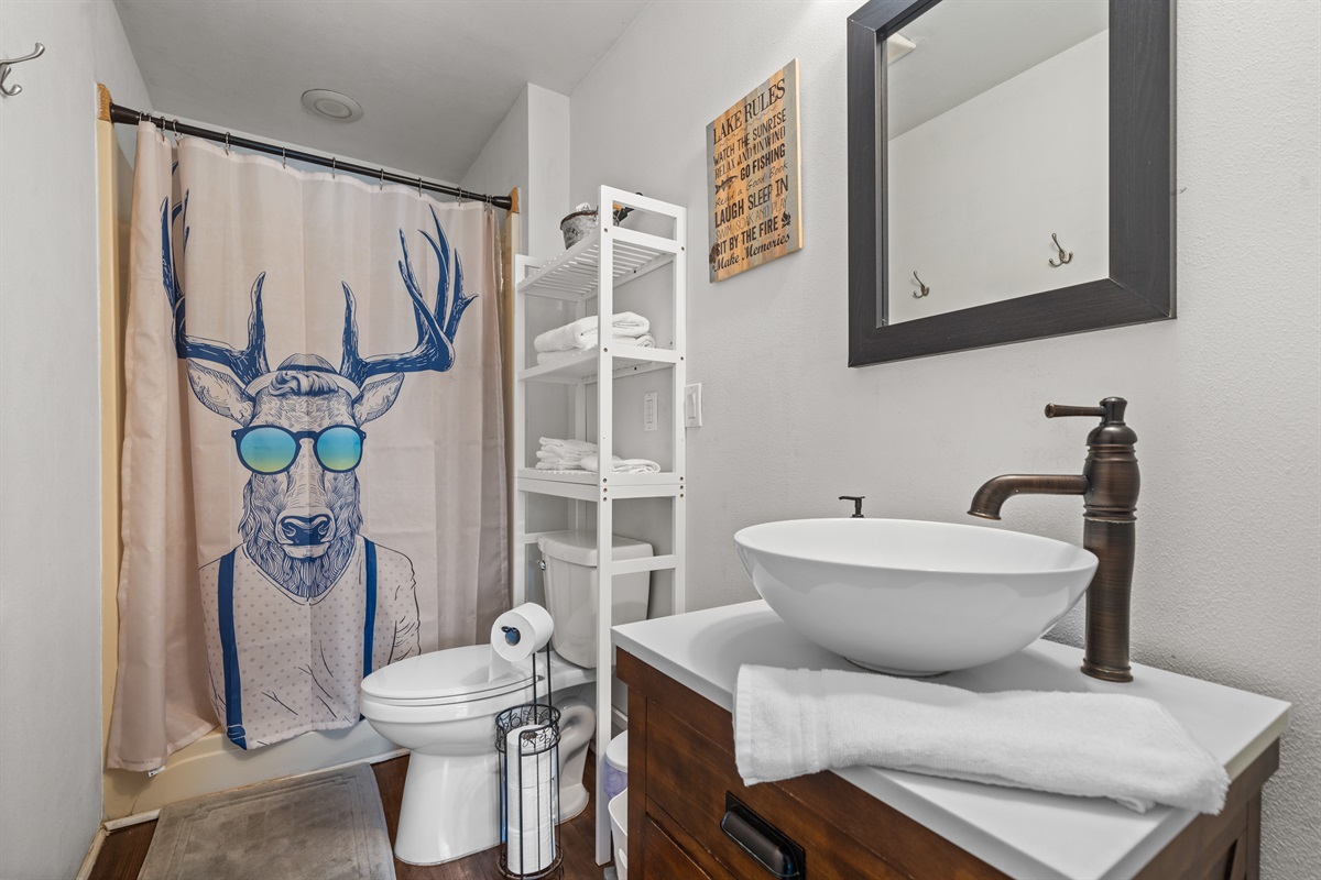 Full bathroom with shower, toilet and vanity