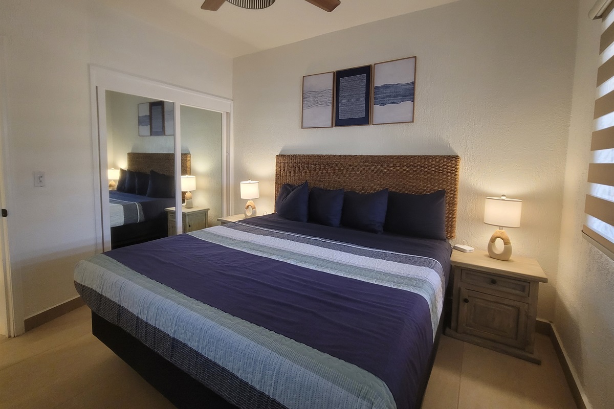 Guest bedroom featuring a king bed, two nightstands, lamps, dresser, closet and a Roku TV.