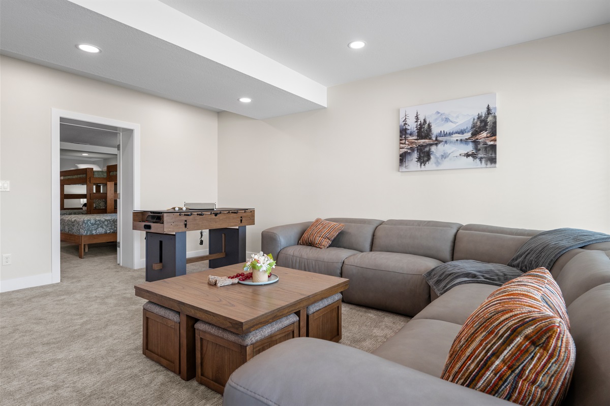 The family room also has a mini ping pong and foosball table.