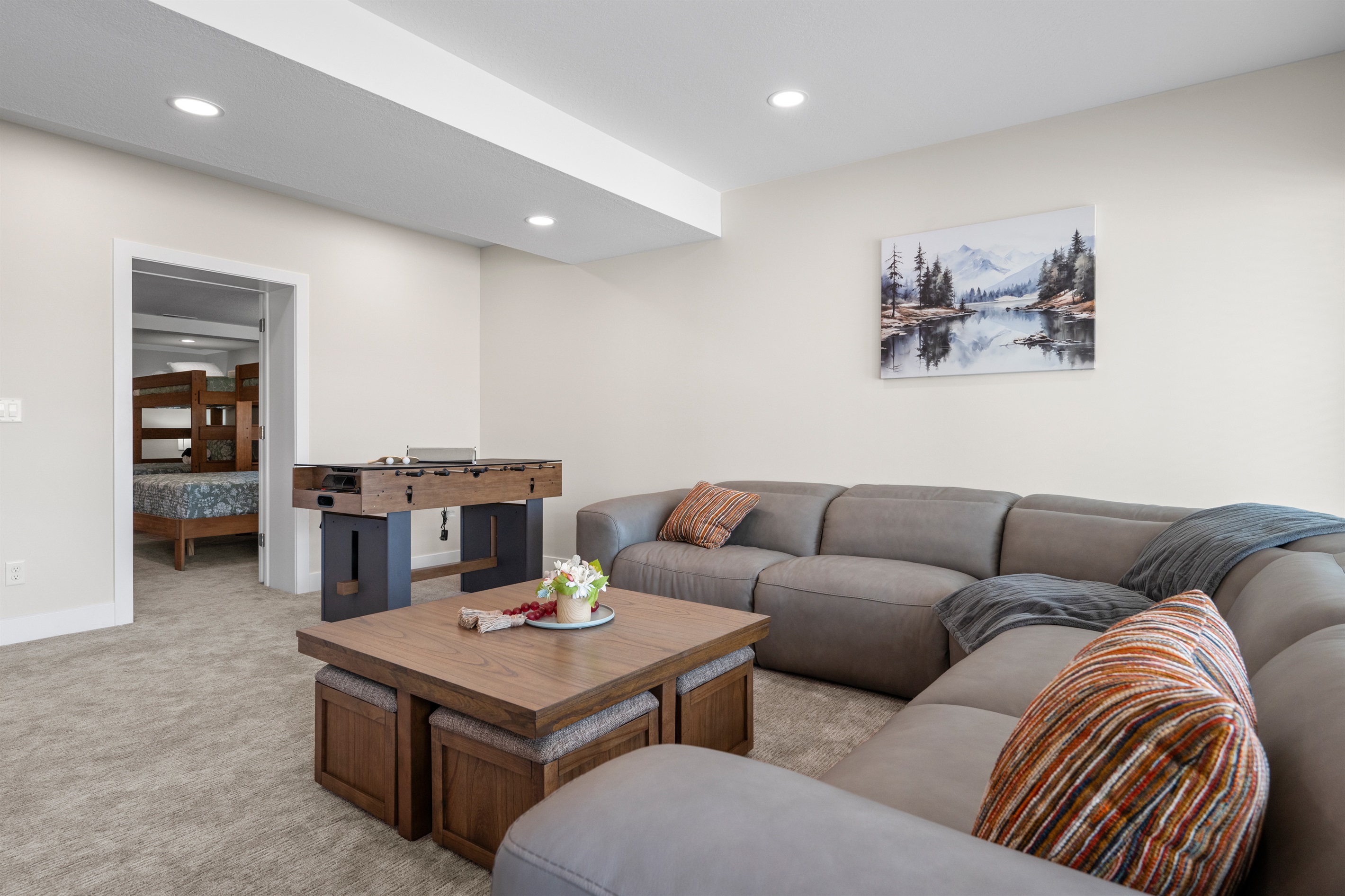 The family room also has a mini ping pong and foosball table.