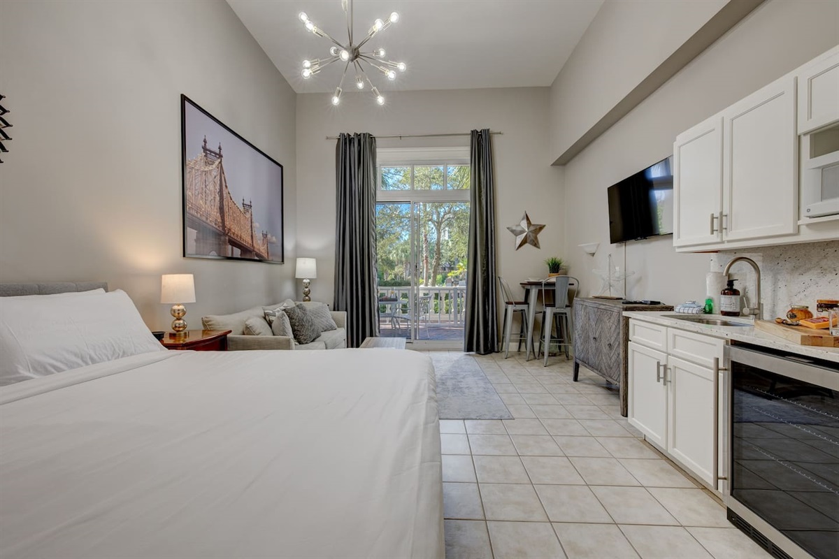 our mounted smart TV is viewable from both the king-size mattress and queen-size sleeper sofa.