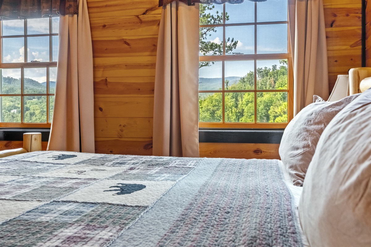 Each bedroom has a king mattress from the Bellagio Hotel Collection, large closet, large T/V, 2 night stands and views out every window.