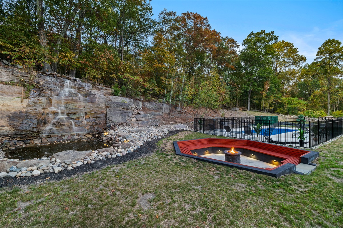 Waterfall with firepit