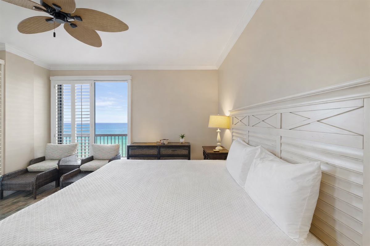 Primary bedroom will have a king bed, ceiling fan with light kit, wall mounted smart TV, direct balcony access and en-suite bathroom 