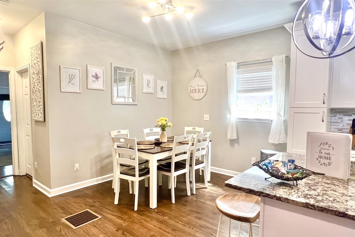 Gather your family and friends! Our bright dining nook seats six at the table, plus three extra stools nearby for big meals and game nights.