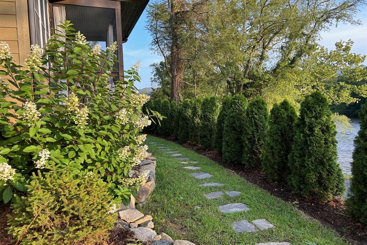 Tended stepping stone walkway to the entrance door