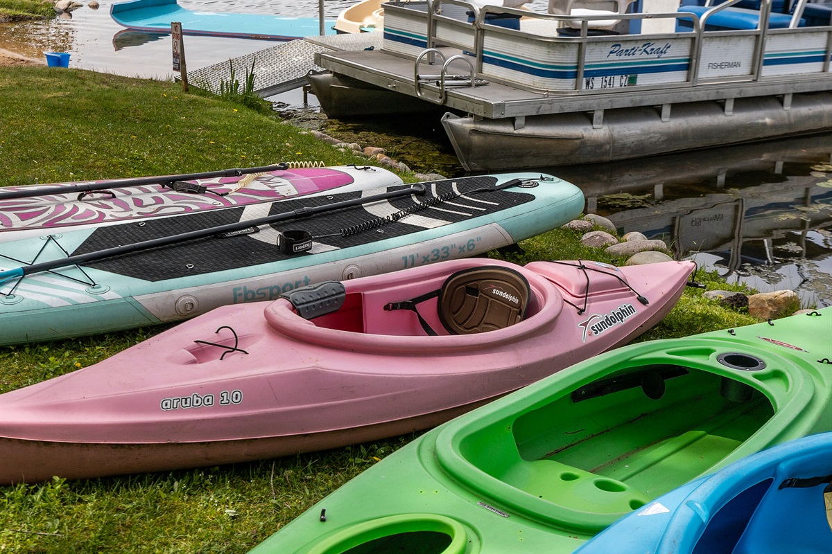 Adventure awaits with a pontoon boat, kayaks, paddle boards, and a pedal boat—all included for your enjoyment!
