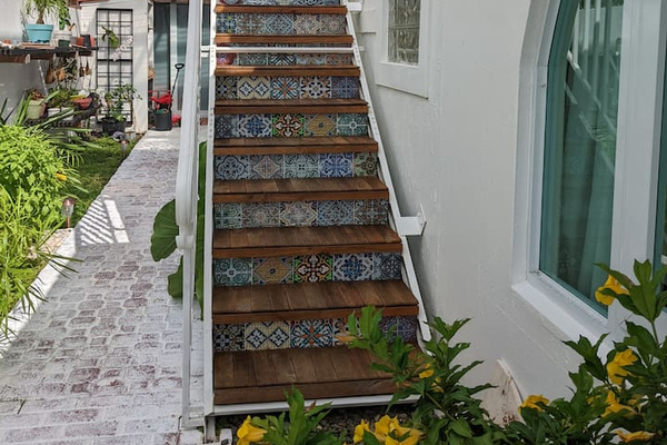 These are the stairs to go the upper level, the Coral Suite. Also a little peak down the path to our flower and herb garden. The steps are lined with 186 pieces of teak wood. Tamara was like, 'are you sure you want to do that? Thats alot of work!'. 