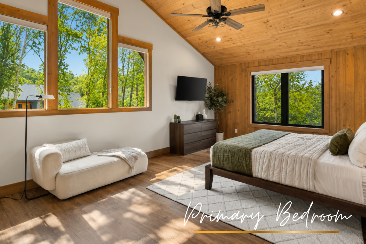 A peaceful escape with soft textures, lofty ceilings, and nature just outside your window.