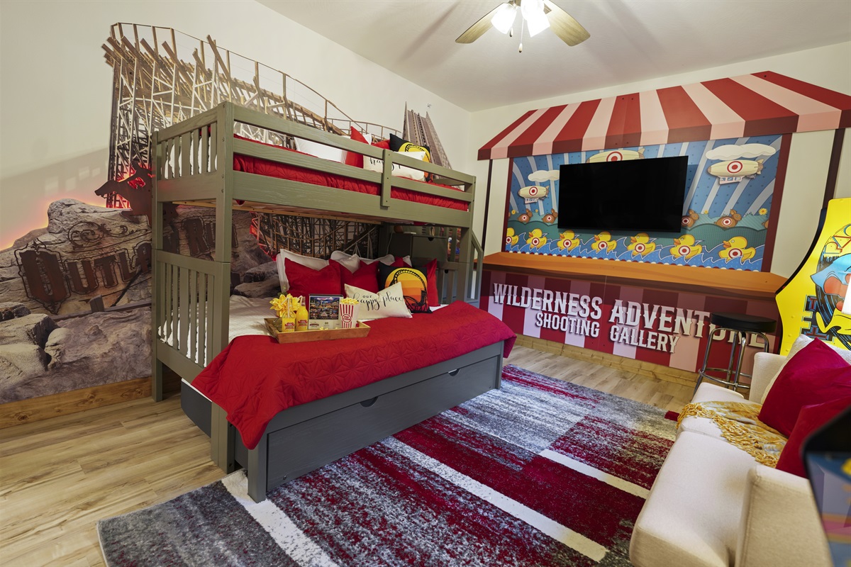 The Silver Dollar City room with a roller coaster, shooting gallery and video games!