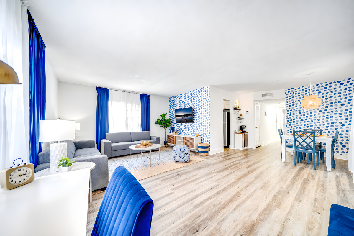 Full view of living space and dining area