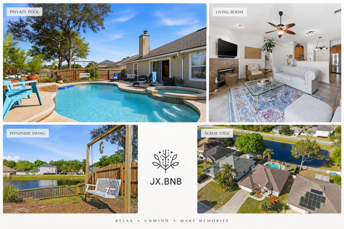 A bright and inviting waterfront retreat featuring a private pool, peaceful pond views, a cozy outdoor swing, and comfortable indoor living spaces.