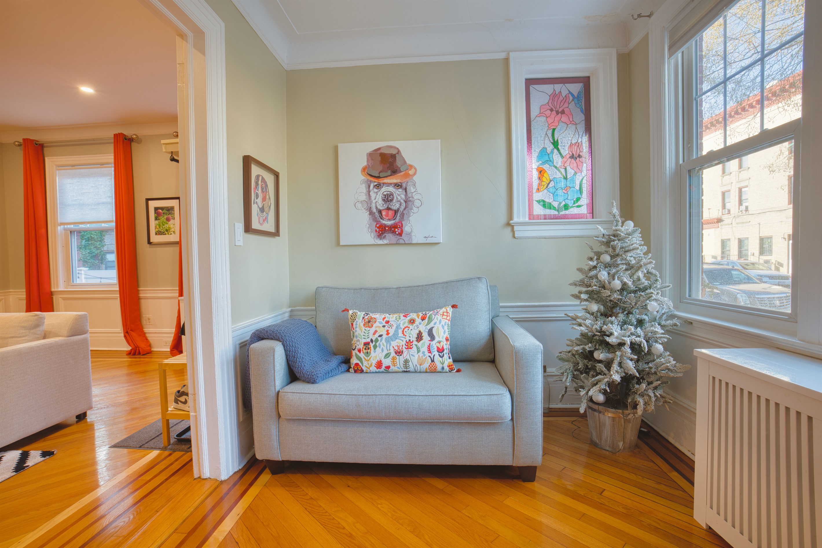 Pottery Barn sleeper sofa. "I am a picky VRBO user and this property rates as my #1 all-time favorite. Sean, our host, has curated a calm oasis in the middle of Brooklyn, and has thought of every detail in outfitting this lovely property." Susan W.  7/2025