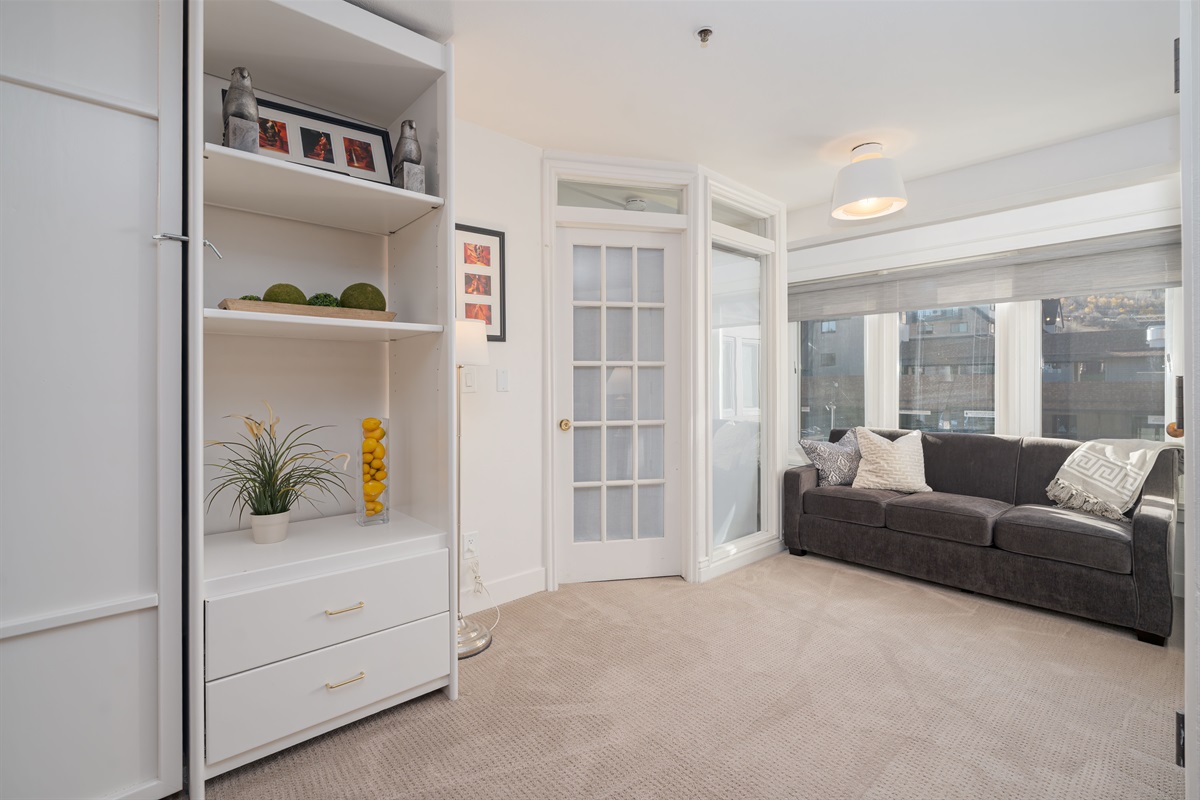 Sleeper sofa creates small double bed.