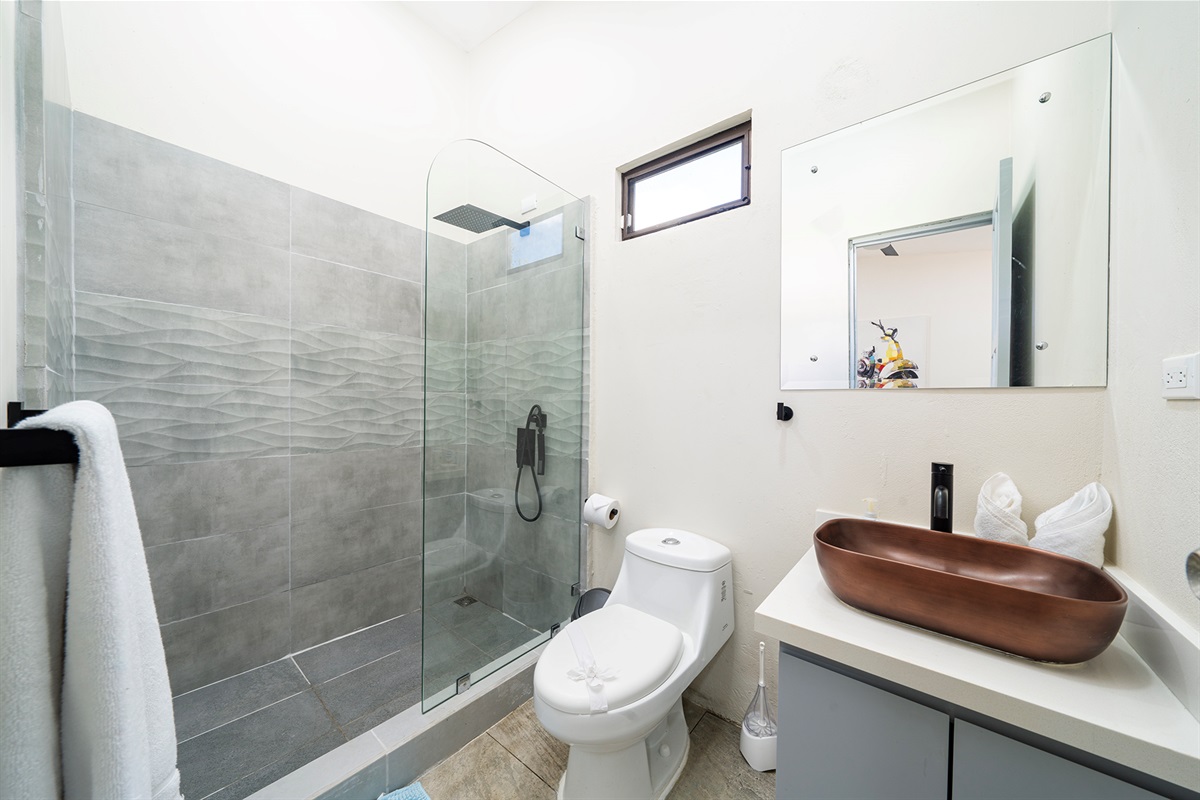 The first ensuite bathroom has a walk in shower and copper sink