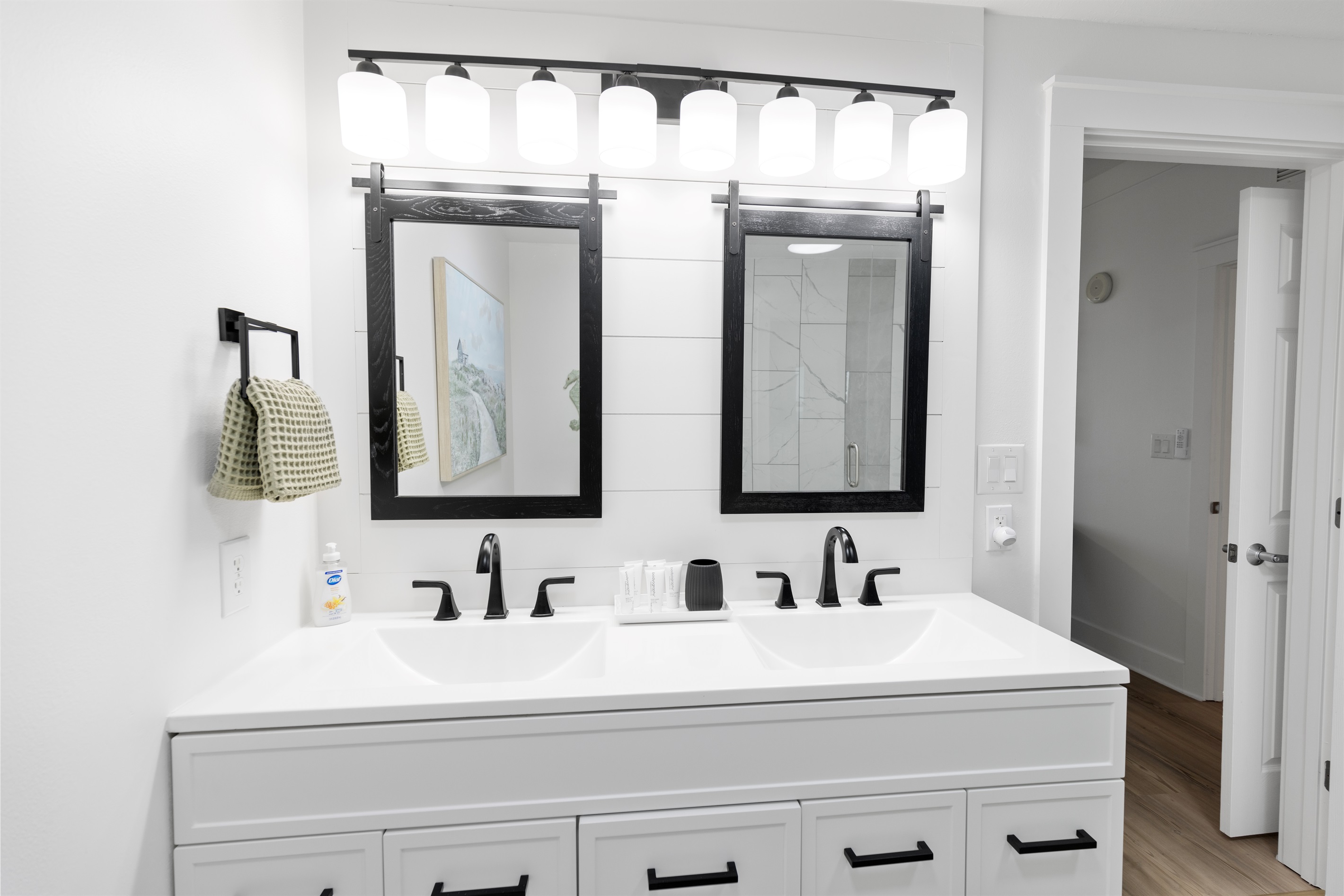 Primary Bathroom + Double Vanity + Walk In Shower