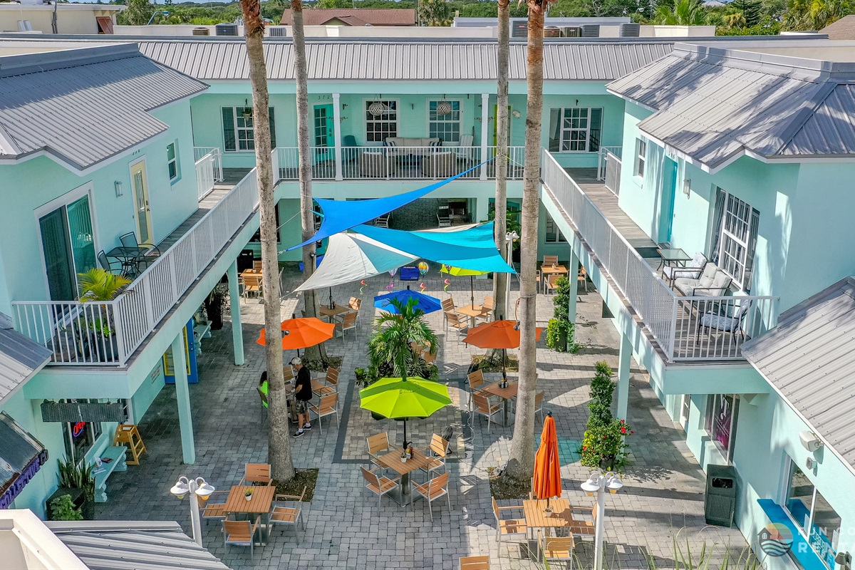 Downstairs community courtyard with shops and restaurants!