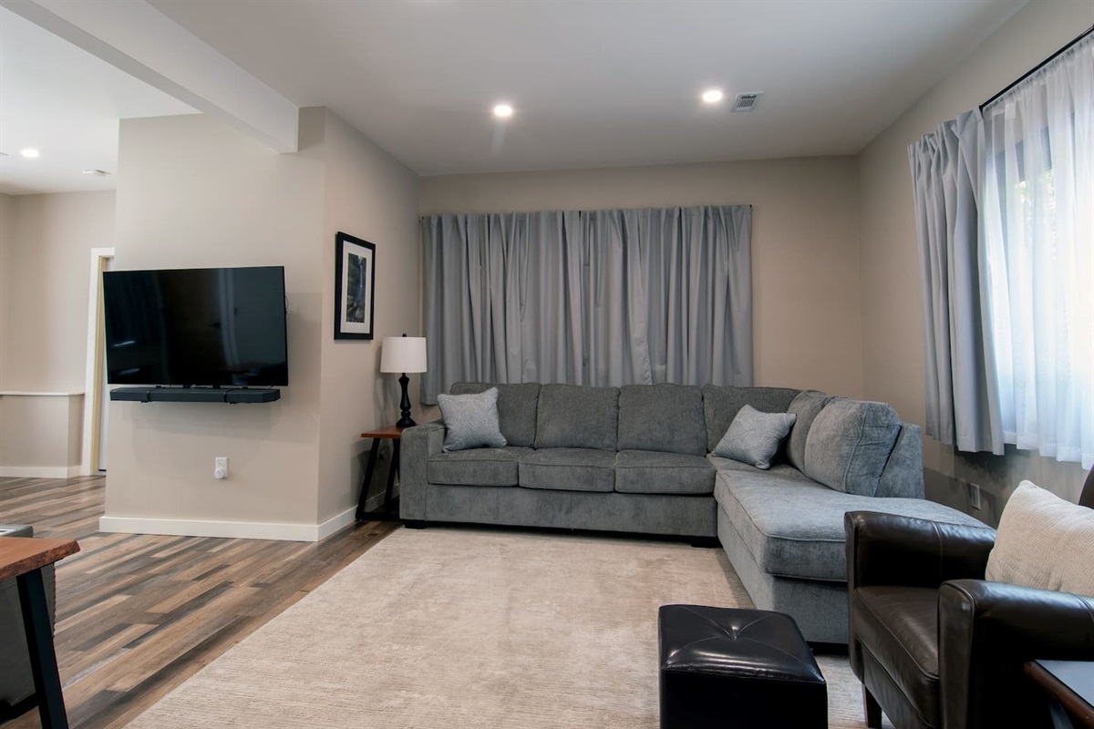 Stream your own shows through the Roku on the TV. TV mount allows TV to extend and swivel for multiple viewing options.. 