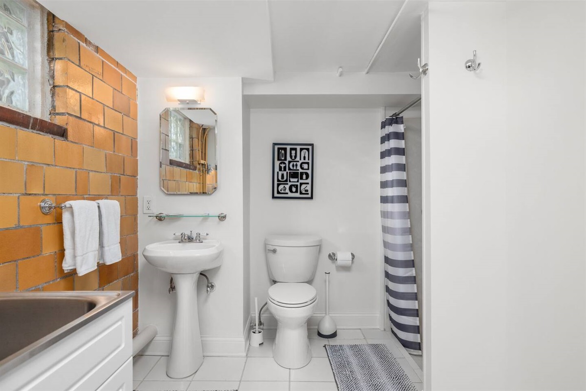 Lower level bathroom with walk in shower, (soap, body wash, shampoo, conditioner provided), medicine cabinet for storage.