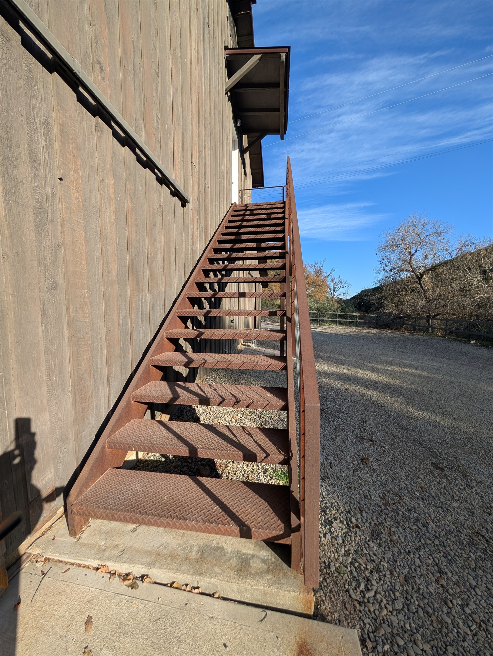 Steep stairs to the barn game room