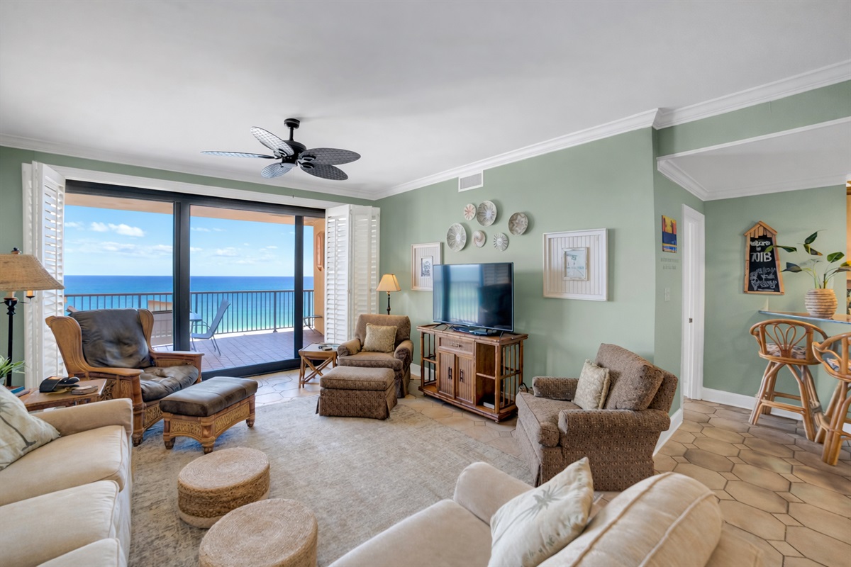 Living room will have leather sleeper sofa, 4 recliners, wall mounted tv, new ceiling fan with light kit, room darkening blackout curtains, an amazing Gulf view and balcony access